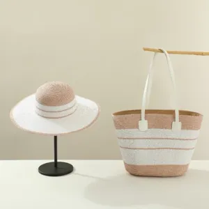 Summer straw sun hat and tote bag set, casual striped woven beach travel two piece kit.