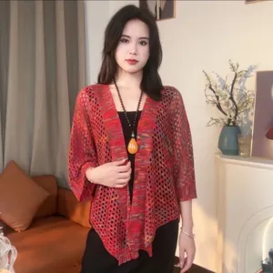 Casual summer ice silk knit cardigan, short sunscreen shawl with hollow out design for women.