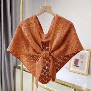 Hollow knit women shawl scarf summer air conditioning room thin cape orange tie front