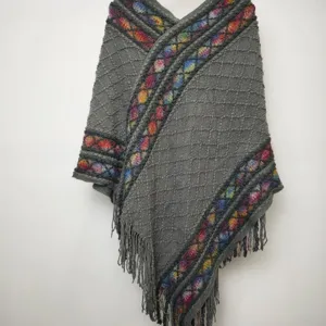 Grey knit poncho with colorful pattern fringe shawl outdoor travel vacation cozy warm cape outerwear.