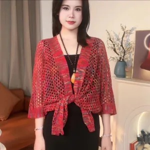 Women summer ice silk knit cardigan shawl, stylish hollow out short sunscreen clothing.