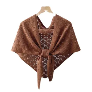 Women Brown Knitted Hollow Out Shawl Triangular Scarf Office Air Conditioning Cape