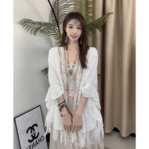 Femme blanc tricoté châle cardigan style ethnique creux glands volants plage vacances cape