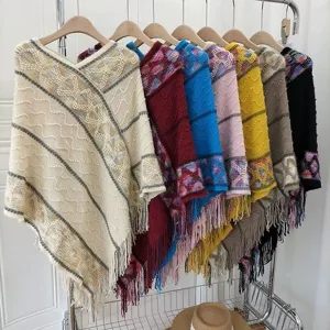 Knitted fringe poncho cape casual stylish women shawl winter warm outdoor vacation wear multi color