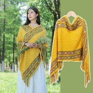 Women's Casual Fringe Shawl Cloak Ethnic Geometric Pattern Open Front Knit Outerwear Vacation Travel Warm Poncho Wrap