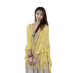 Femme style ethnique évidé tricoté châle franges cape jaune été plage paréo cardigan
