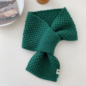 Dark green knitted cross scarf for women, winter warm wool neck warmer and stylish student bib.