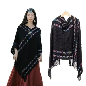 Ethnic style knitted poncho shawl with colorful geometric diamond pattern and fringe warm