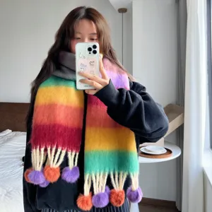 Women Winter Warm Gradient Color Scarf Cute Pom Pom Tassels Soft Fashion Long Wrap Casual Daily Neckwear Scarf