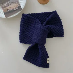 Dark blue knit scarf winter warm cross through-hole neck warmer stylish cozy casual bib