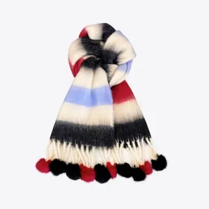 Gradient mohair scarf women winter warm rainbow tassel plush pom pom thick cozy