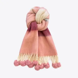 Gradient mohair scarf with tassels and fluffy pom-poms, thick and warm winter fashion accessory.