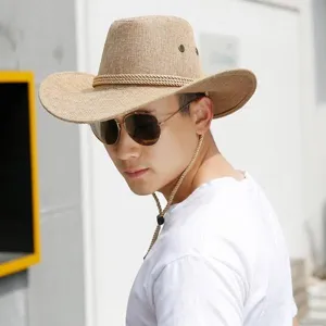 Men Western Cowboy Straw Hat Summer Outdoor Beach Sun Protection Breathable Linen Fedora Hat For Fishing