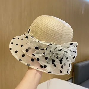 Cappello da Pescatore Estivo Traspirante in Cotone Poliestere da Donna Elegante Rete a Pois e Fiori Cappello da Sole Casual