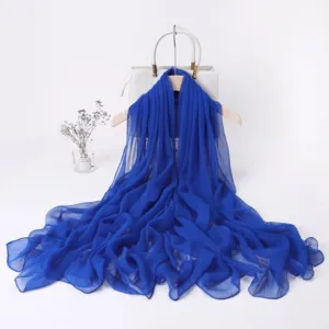 Elegant royal blue long silk scarf for women, lightweight spring fashion neckerchief accessory.