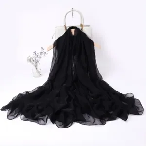 Classic black long silk scarf for women, elegant lightweight spring and autumn neckerchief.