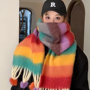 Dopamine colorful gradient mohair scarf with fluffy tassels, warm winter neck wrap.