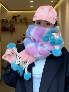 Women colorful rainbow gradient mohair scarf thick warm winter tassel candy style fashion