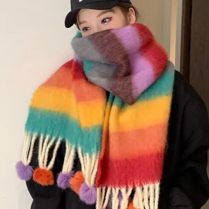 Colorful gradient mohair winter scarf with plush tassels and pom-poms detail for women.