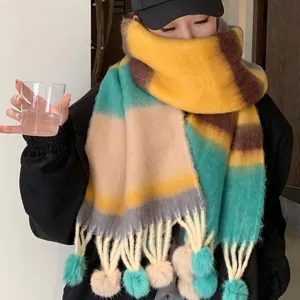 Colorful gradient mohair warm winter scarf for women with cute tassels and soft pom-poms.