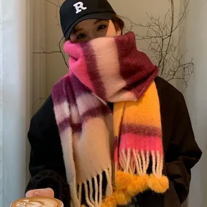 Cozy colorful plaid mohair winter scarf with fringe, soft warm candy color neckerchief.