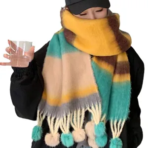 Colorful rainbow gradient mohair winter scarf with plush pom pom tassels warm cosy style