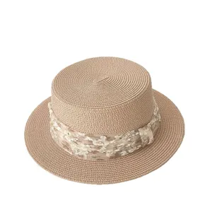 Damen Sommer Strohhut flacher Top Strand Sonnenhut lässige Outdoor Reise Sonnenschutz