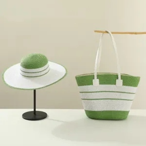 Green and white striped straw hat and matching tote bag set for summer outdoor travel beach wear