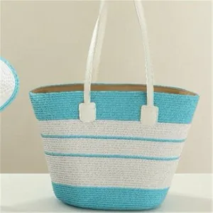 Summer blue and white striped straw handbag fashion casual outdoor travel beach tote bag