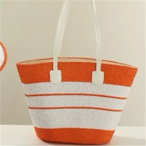Orange and white striped straw tote bag summer beach travel woven handbag casual fashion purse