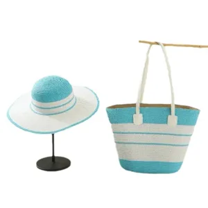 Summer straw hat and tote bag two-piece set, blue and white striped design, perfect for beach travel.