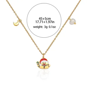 Collier pendentif bonhomme de neige de Noël avec perle et lune, bijou doré élégant cadeau.