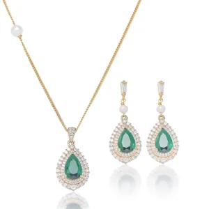 Parure de Bijoux en Goutte d'Eau en Acier Titane Avec Perle Artificielle Collier et Boucles d'Oreilles en Strass Vert