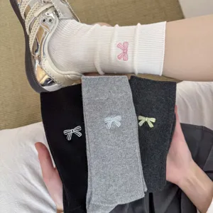 Women's embroidered bow mid-tube socks, soft cotton spring and autumn casual daily wear.