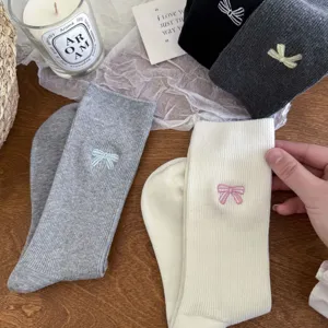 Women cotton mid tube socks with cute bow embroidery sweet casual hosiery for daily wear spring
