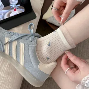 Korean style cute floral mesh short socks for women, summer thin lace ruffle balletcore ankle socks.