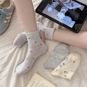 Korean style floral women socks, thin ballet core lace ruffle heart short socks detail.
