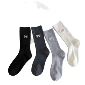Women embroidered bow cotton mid-calf socks set, casual daily wear for spring and autumn.