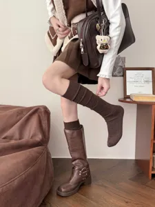 Brown cashmere knit calf socks for women, warm wool diamond pattern long winter socks.