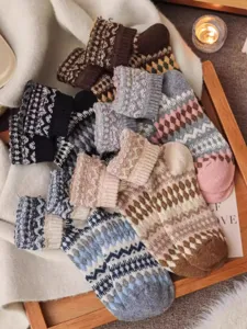 Vintage Fair Isle wool socks for women, cozy winter thick thermal mid-calf knit casual hosiery.