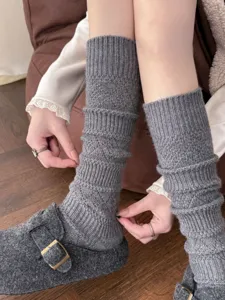 Grey ribbed knit leg warmers with diamond pattern, soft wool blend calf socks for daily wear.