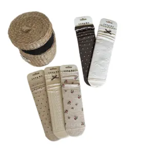 Korean style sweet floral mid-tube socks for women, oatmeal cotton stackable socks set.