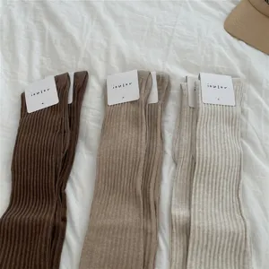 Women's ribbed knee-high socks Japanese style long tube stockings autumn winter solid color socks