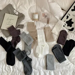 Solid color ribbed calf socks for women, vintage style cozy knit tube socks, autumn winter wear.