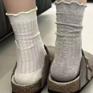 Detailed view of women's summer mesh lace stacked socks, hollow breathable cotton socks.
