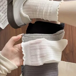 Close-up detail of women's summer breathable cotton mesh slouch socks with delicate lace trim.