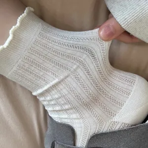 Women Cotton Lace Trim Hollow Mesh Mid Calf Slouch Socks Sweet Ins Style Casual Breathable Fashion Socks