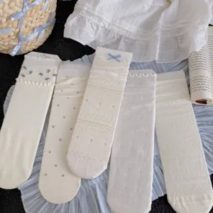 Spring summer white floral girlish mid-tube socks breathable mesh sweet Mori style women.