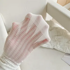 Close-up detail of the white summer mesh knit slouch socks, showing breathable hollow texture.