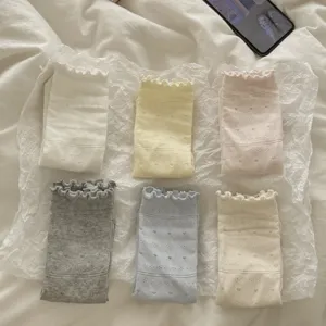 Spring summer cute ruffles mesh mid tube socks floral casual women student hosiery set